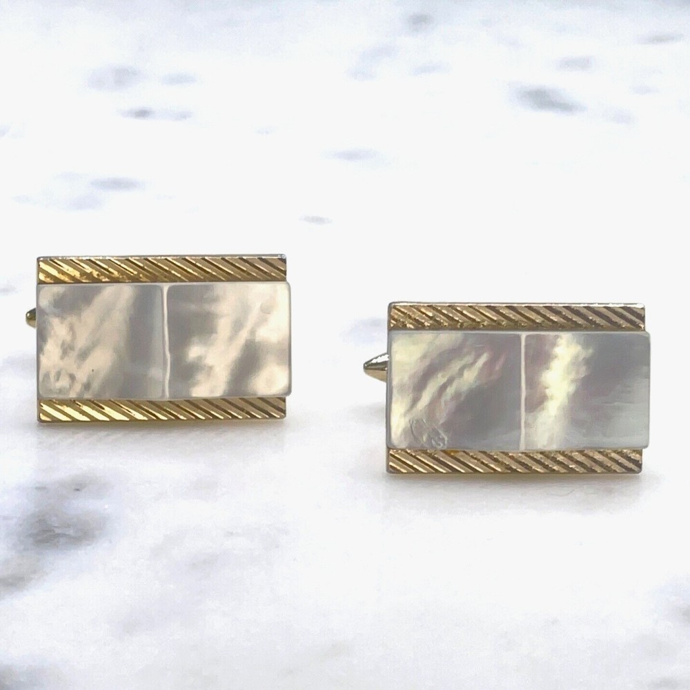 Mens Mother of Pearl Gold Tone Rectangular Bullet Back Cufflinks - Picture 2 of 12